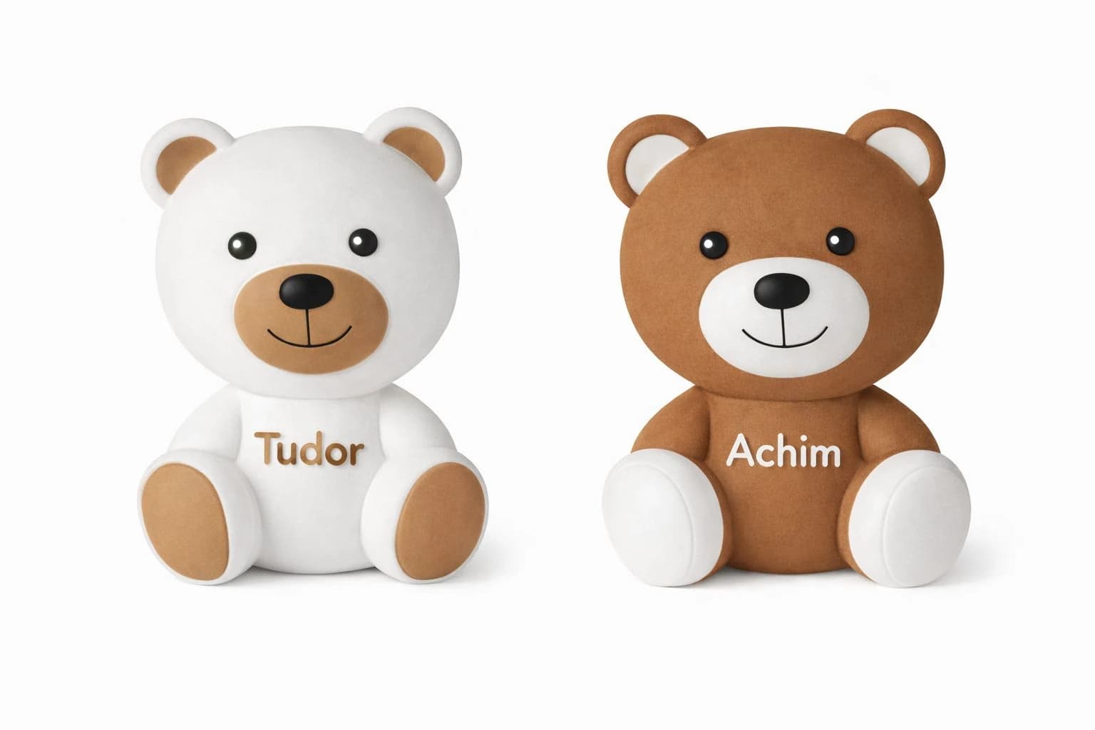 Two personalised decorative bears: a white bear named Tudor with caramel details, and a caramel bear named Achim with white details.