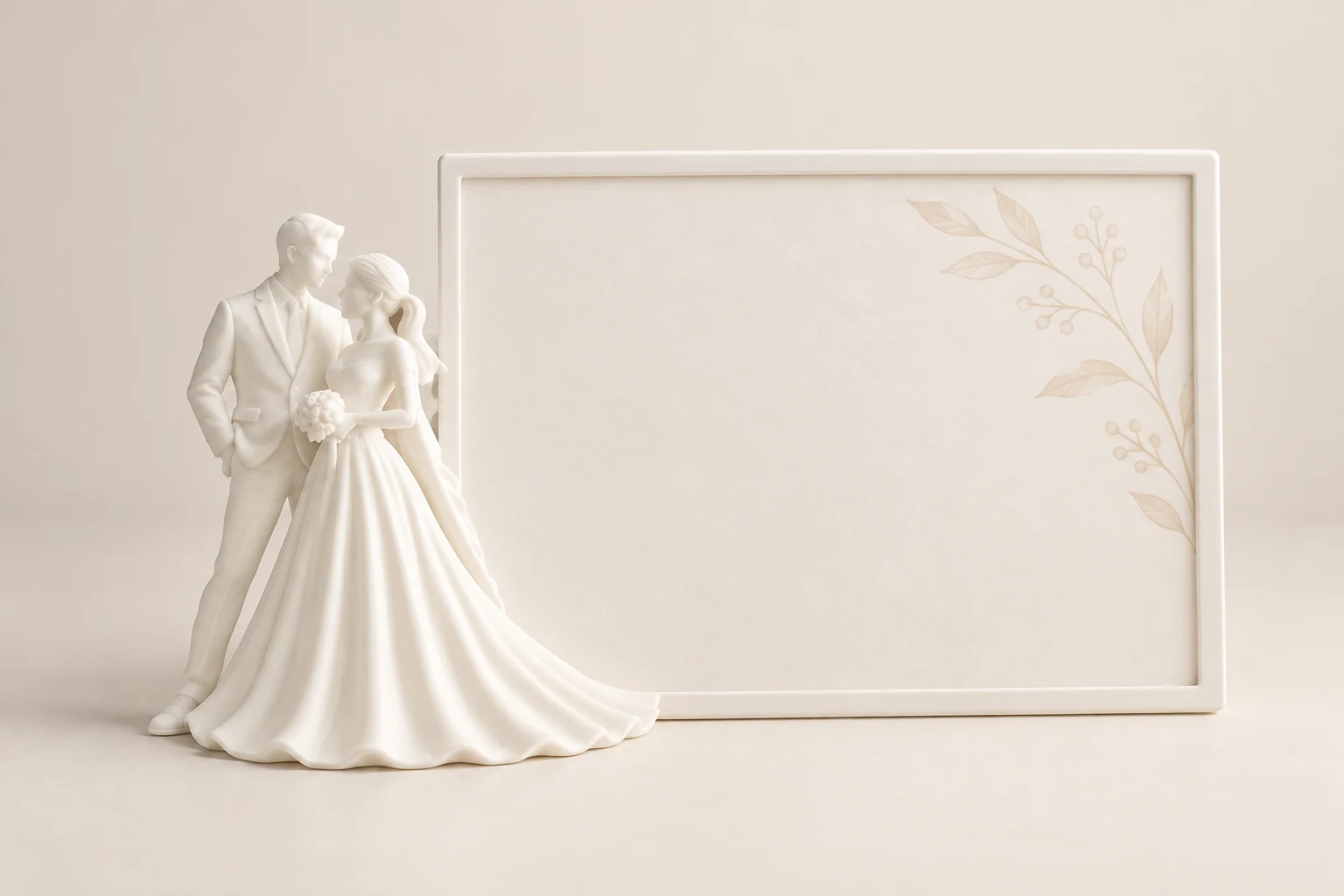 White decorative frame with bride and groom figurines and a neutral botanical insert, without personal photographs.